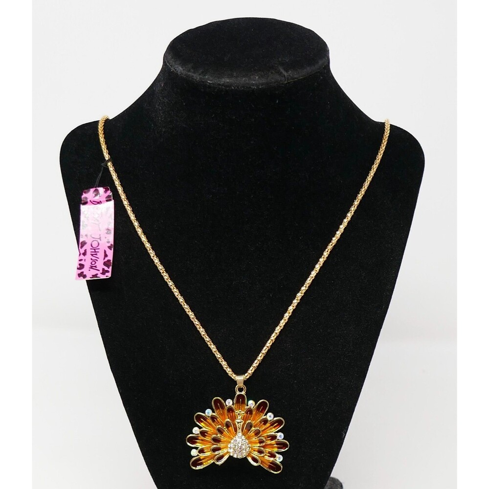 Betsey Johnson Gold Tone Amber Enamel Rhinestone Peacock Statement Necklace NWT